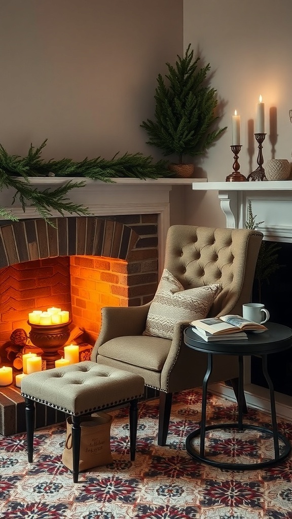 Cozy fireside reading corner with an armchair, candles, and greenery.