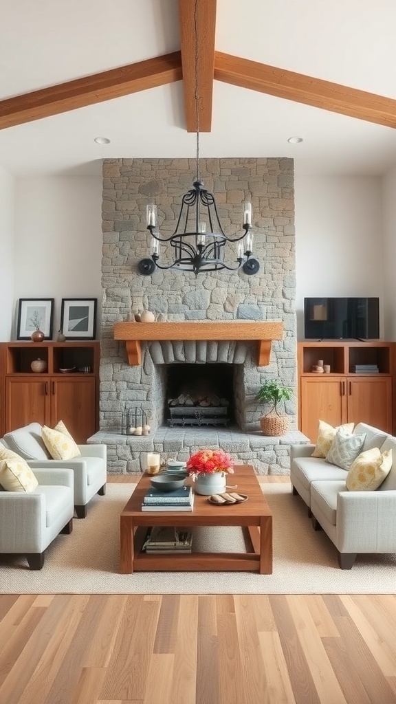 A cozy farmhouse living room featuring a stone fireplace, wooden mantel, and light-colored furniture.