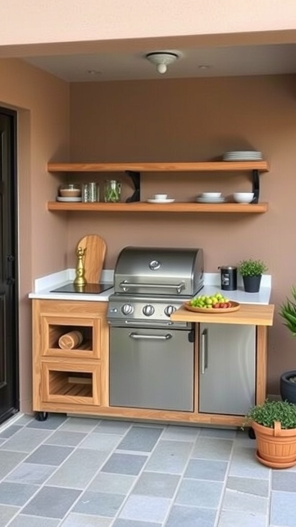 A compact outdoor kitchen featuring a stainless steel grill, wooden cabinetry, and open shelves with dishes and decor.