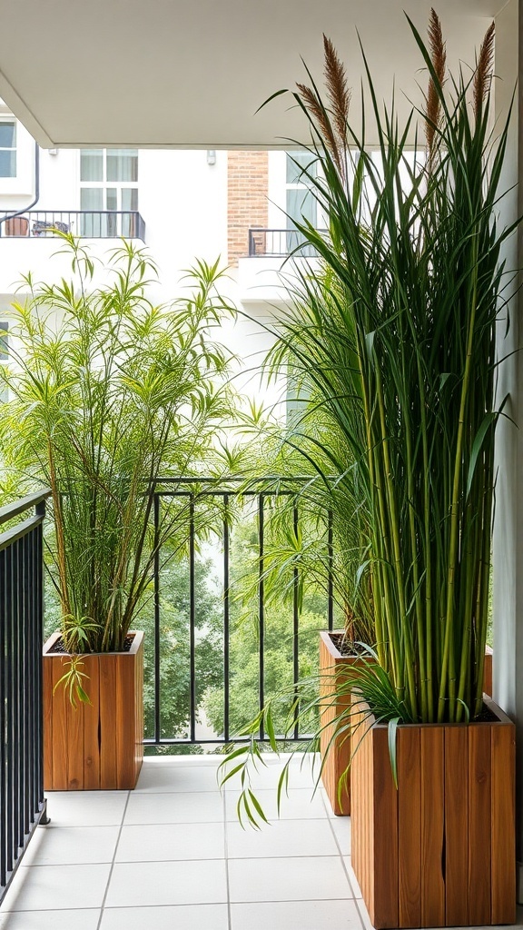 Tall planter boxes with lush greenery on a balcony, creating a natural privacy screen.