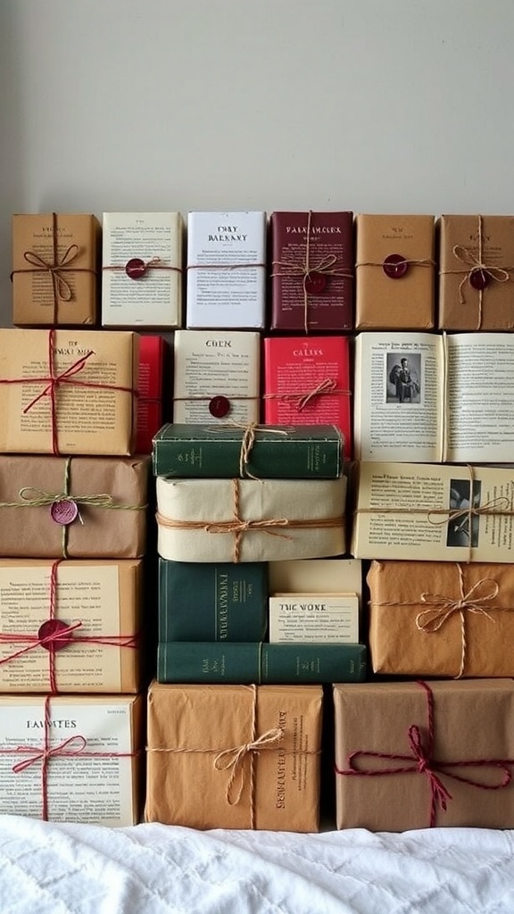 A collection of wrapped books tied with twine, ready for a reading advent tradition.