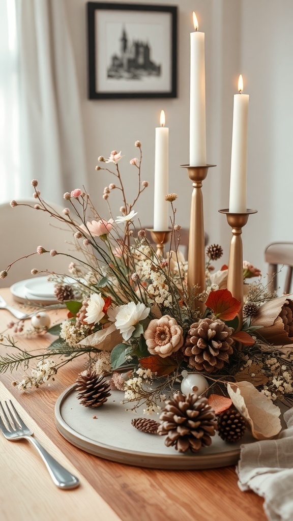 A cozy seasonal centerpiece featuring white candles, dried flowers, and pinecones on a wooden table.