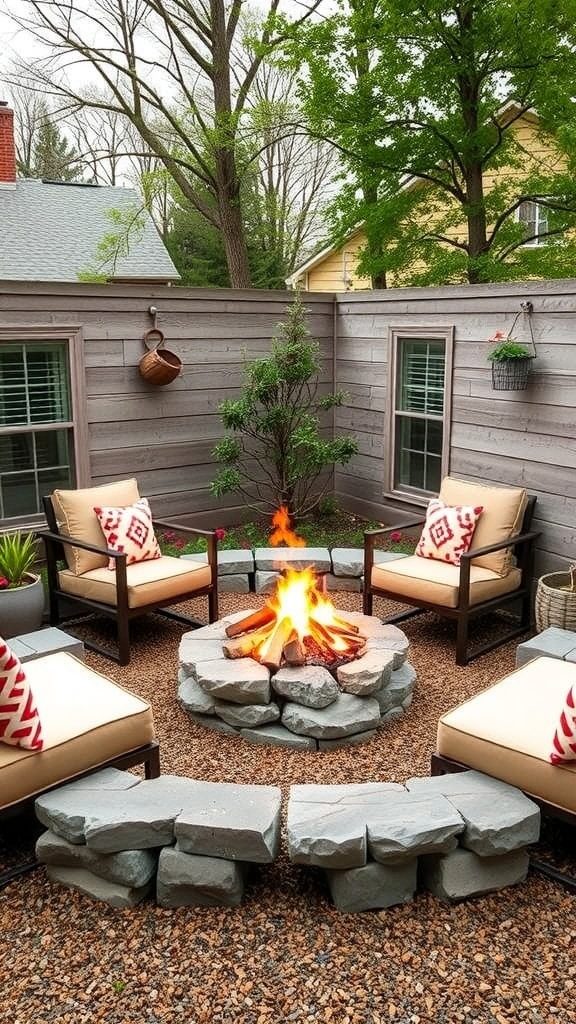 Cozy small firepit area with stone seating and vibrant cushions in a backyard setting.
