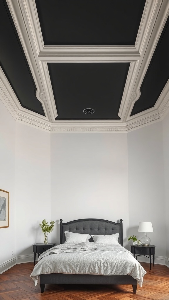 A bedroom with a black ceiling and elegant molding, showcasing a dark feminine design.