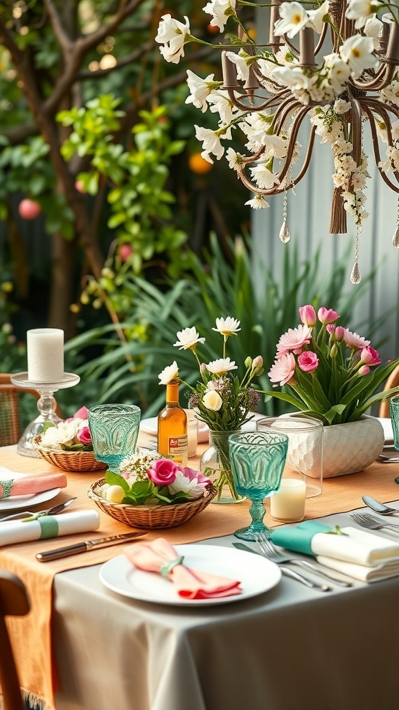 A beautifully set spring table with pastel colors, floral arrangements, and natural elements.