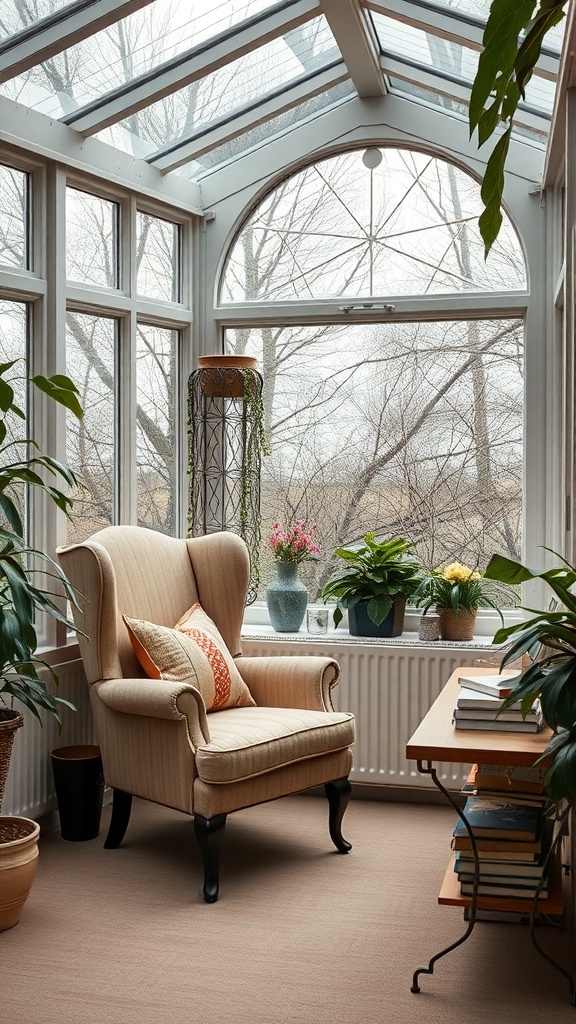 A cozy reading nook in a conservatory featuring a wingback chair, side table, and plants.