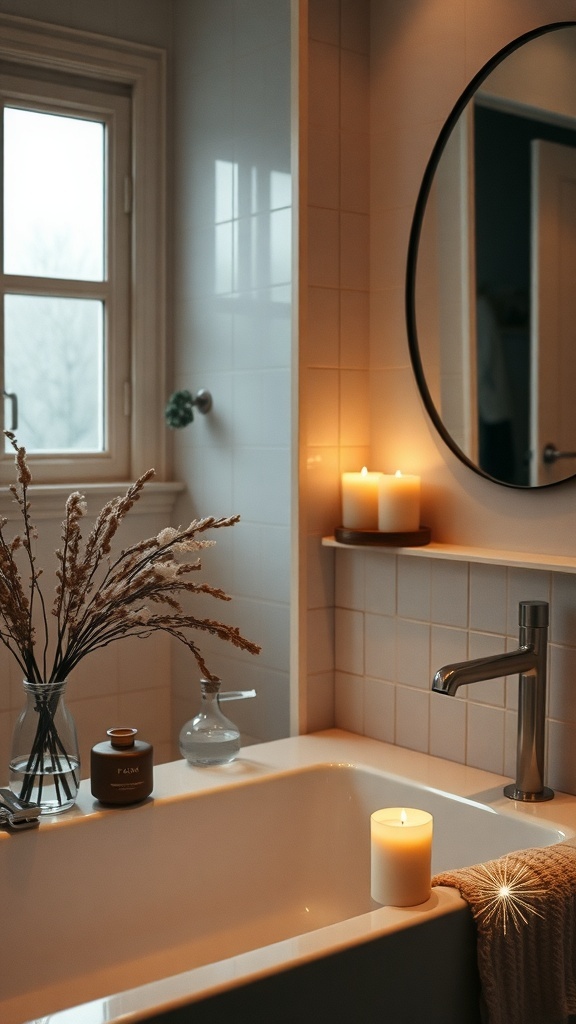 A cozy bathroom with candles and a scent diffuser, creating a calming atmosphere.