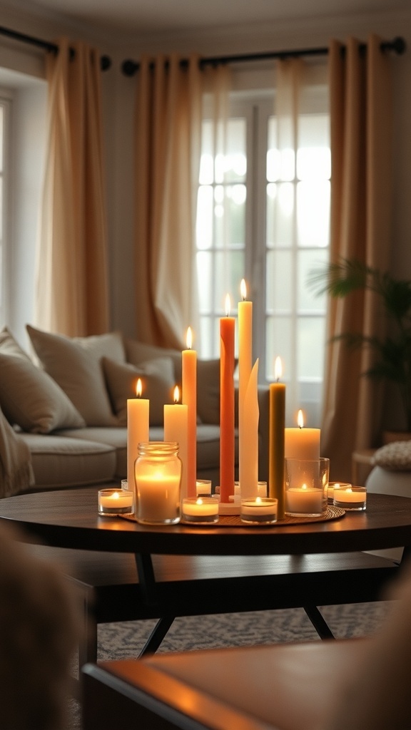 A cozy living room with clusters of candles on a coffee table, creating a warm and inviting atmosphere.