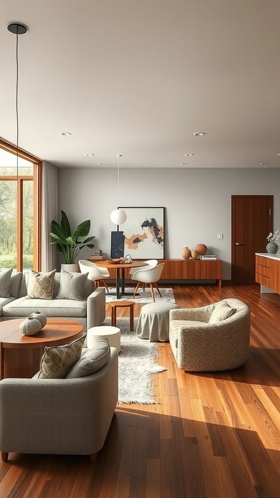 A stylish living-dining room combo featuring matching wood tones and cozy seating.