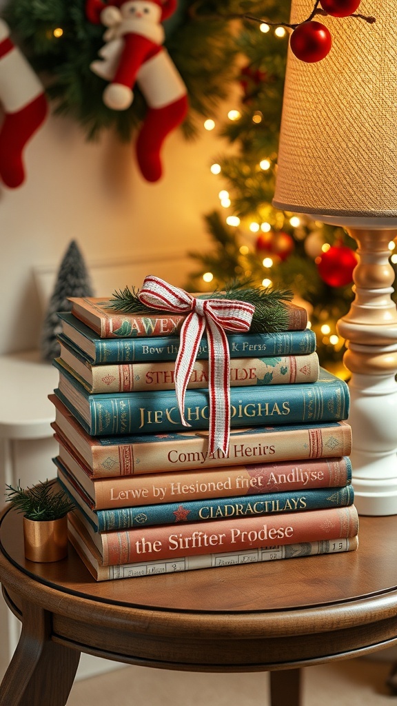 A stack of vintage books tied with a ribbon, decorated for Christmas with a cozy living room backdrop.