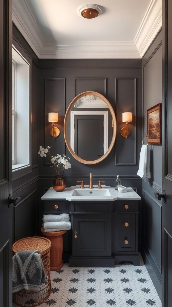A stylish moody powder room featuring dark gray walls, white trim, and a patterned floor.