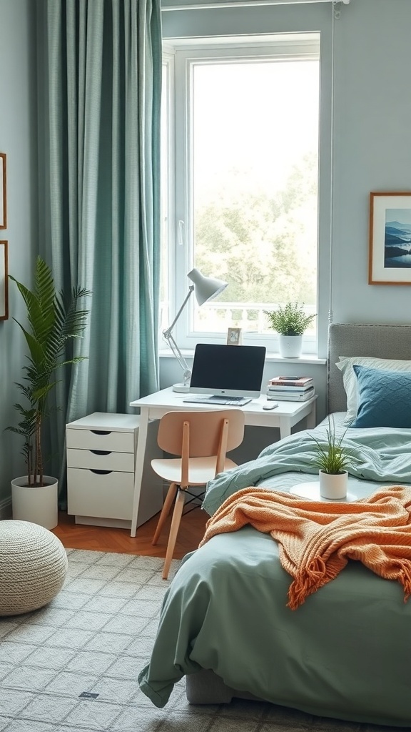 A cozy bedroom workspace featuring soft blue walls, an orange throw blanket, and a simple desk setup with plants.