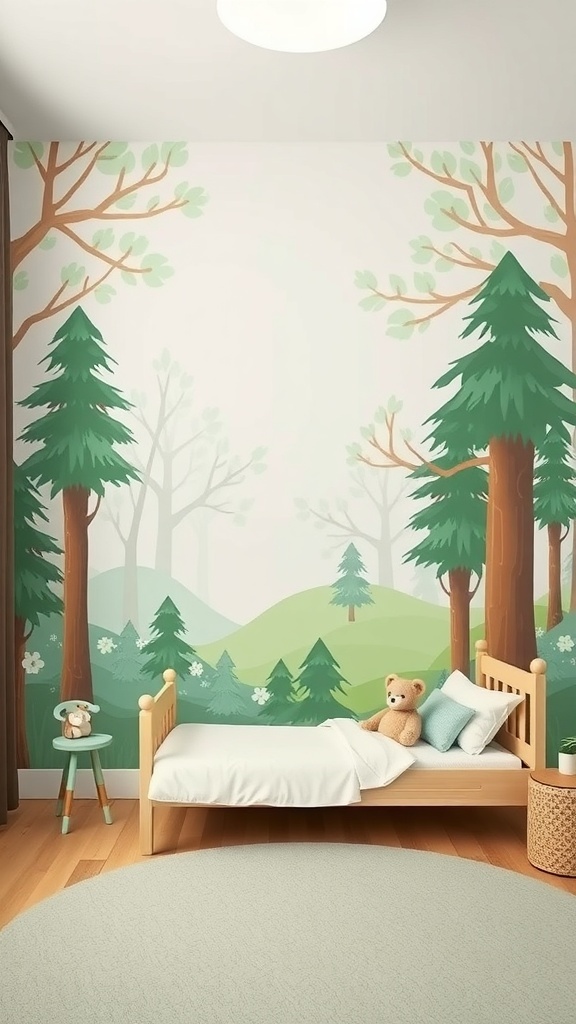 A calming forest mural in a child's bedroom featuring tall trees and gentle hills.