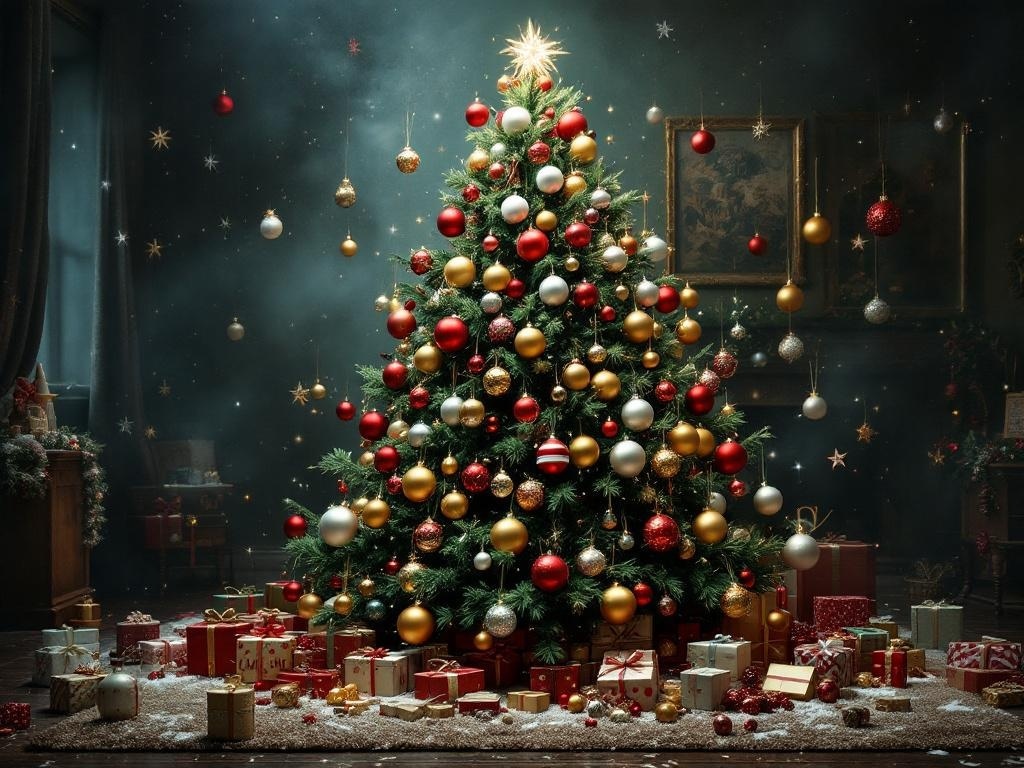 A beautifully decorated Christmas tree filled with colorful ornaments and presents.