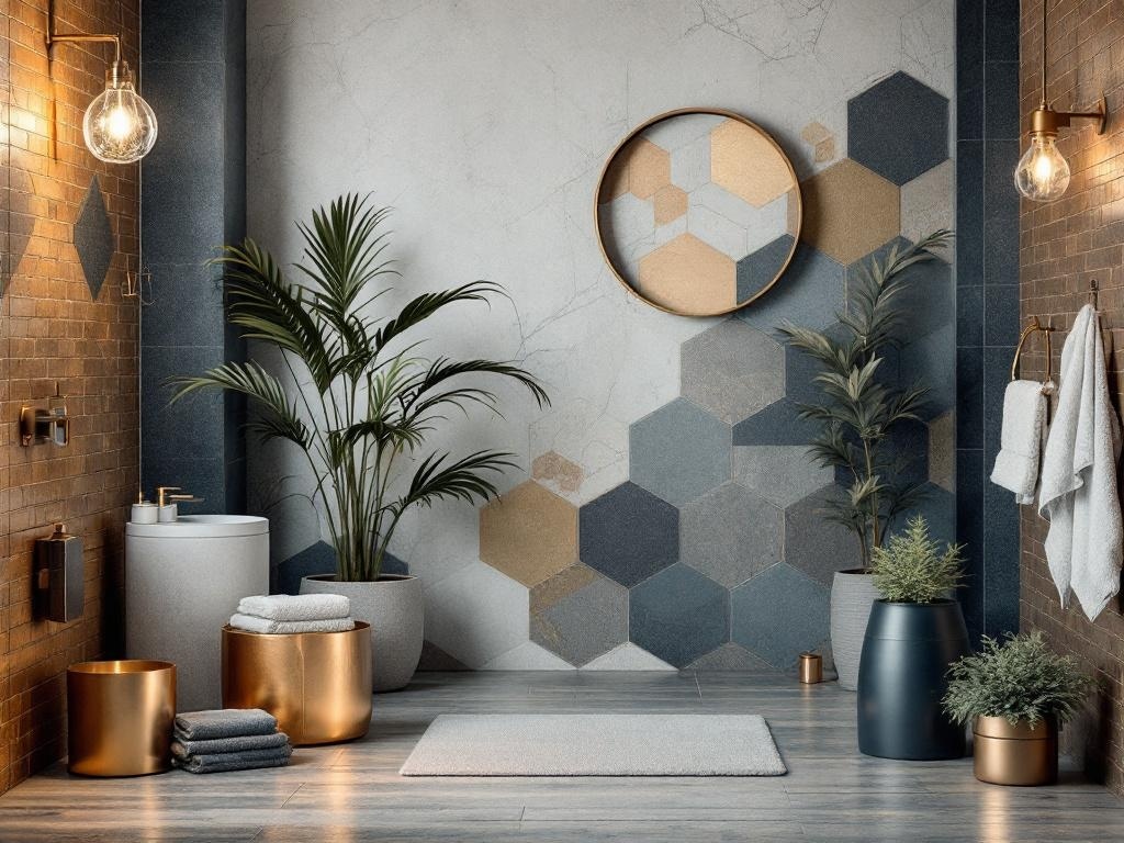 A modern bathroom featuring a mix of metal finishes, including gold and gray tiles, plants, and soft textiles.