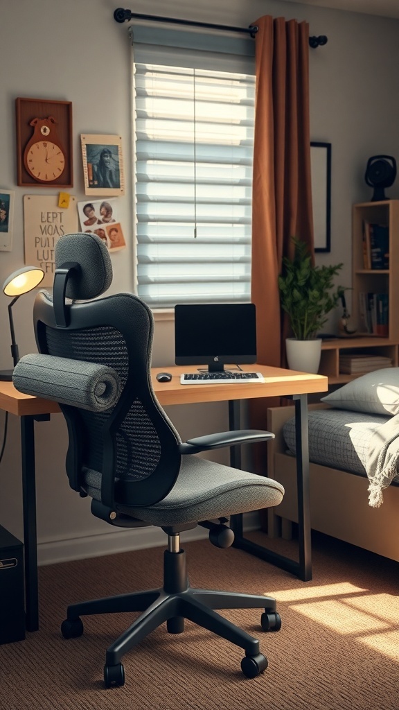 A cozy home office setup featuring a desk, ergonomic chair, and natural light.