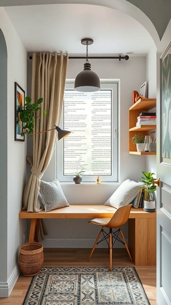 A cozy circular reading nook with custom shelving, warm lighting, and comfortable textiles.