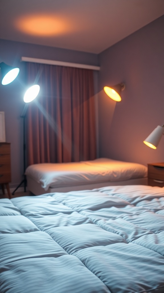 A cozy bedroom with layered lighting, featuring warm and cool light sources.