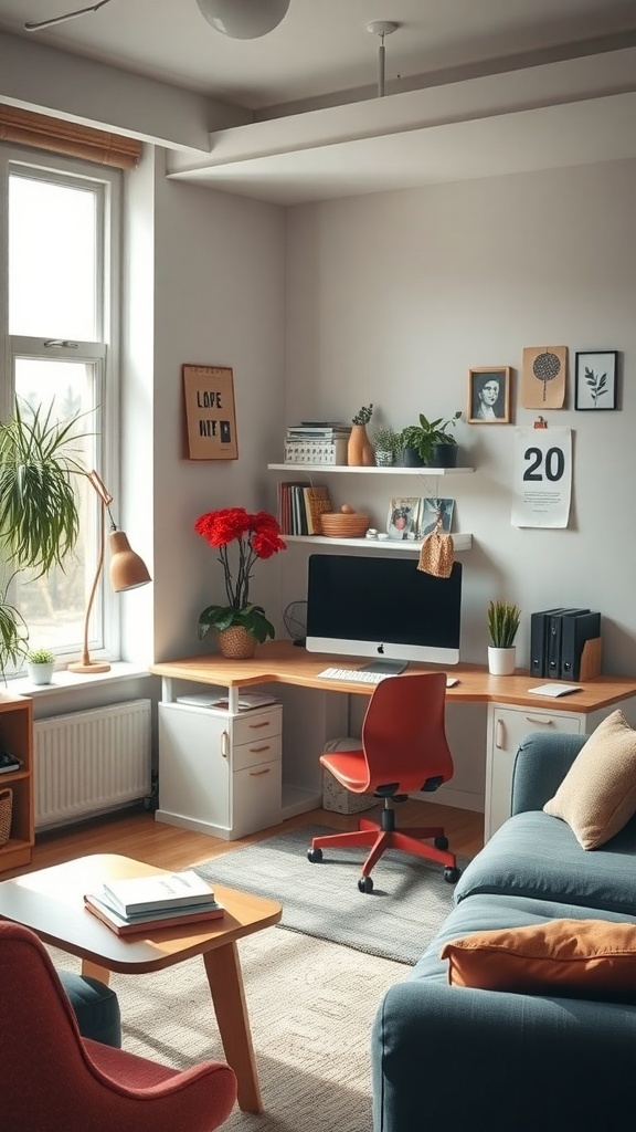 A cozy and functional student workspace featuring a desk with a computer, colorful chair, plants, and organized shelves.