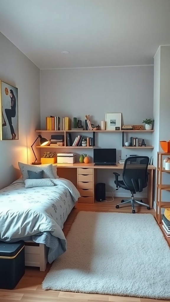 A cozy and functional university dorm room with a bed, desk, and organized shelves.