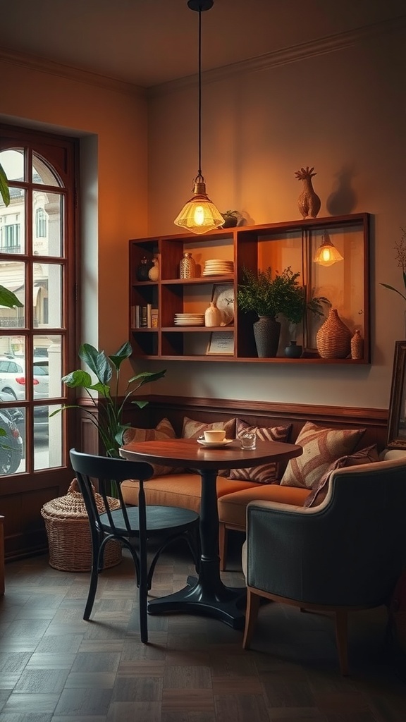 A cozy coffee corner with a small table, comfortable chair, and rustic wooden shelving, illuminated by warm lighting.