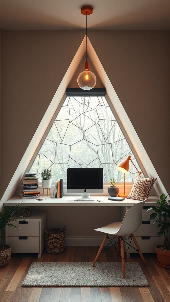 A cozy triangle nook workspace with a desk, computer, and plants, featuring a unique triangular window.
