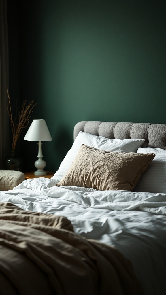 Cozy bedding in a moody green bedroom with textured layers and neutral tones.