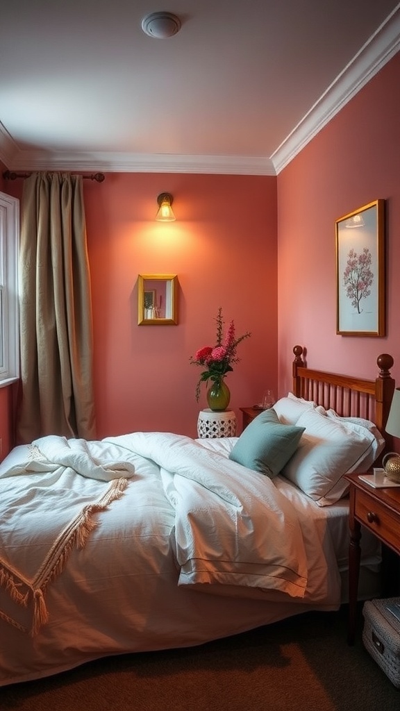 A cozy small bedroom with coral walls, a neatly made bed, and decorative elements.