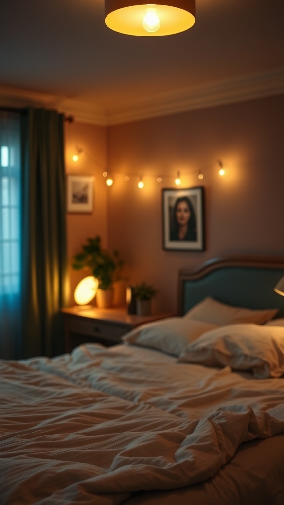 Cozy bedroom with ambient lighting, featuring a pendant lamp, string lights, and soft bedding.