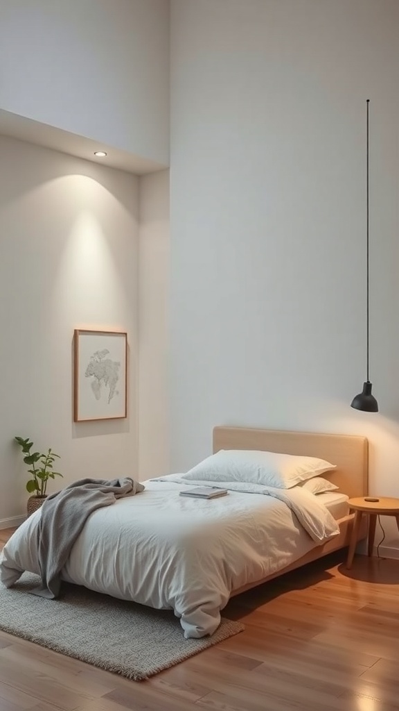 A cozy minimalist bedroom featuring a pendant light, soft bedding, and warm tones.