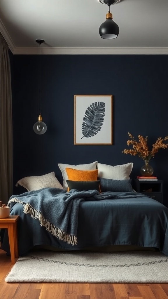Cozy navy blue bedroom with layered bedding and modern decor