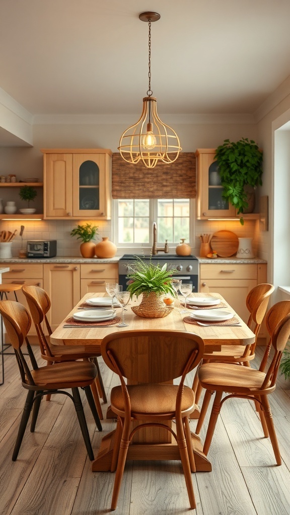 A cozy kitchen-dining area featuring a wooden table with mixed chairs, a pendant light, and plants, creating a warm and inviting atmosphere.