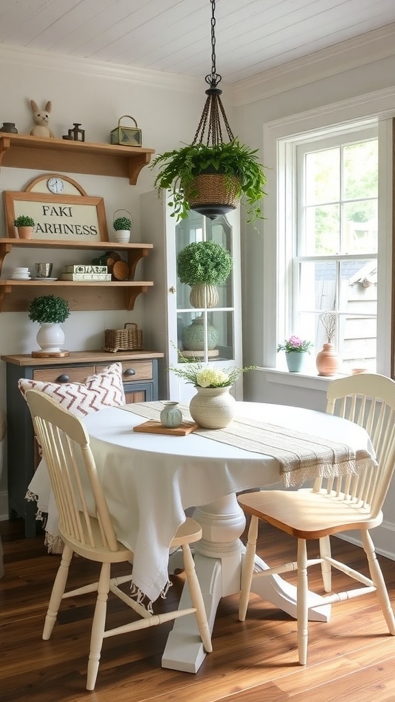 Cozy farmhouse breakfast nook with a round table, white tablecloth, and greenery centerpiece.