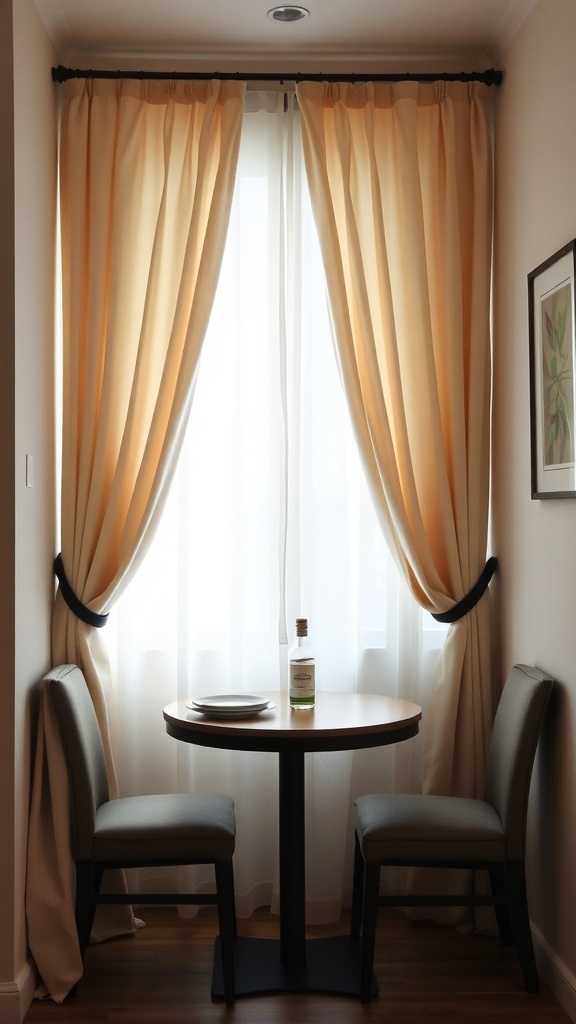 A cozy dining nook with soft curtains framing a small round table and two chairs.