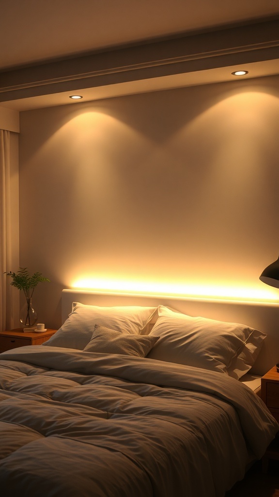 Cozy bedroom with recessed lighting behind headboard, soft bedding, and natural decor