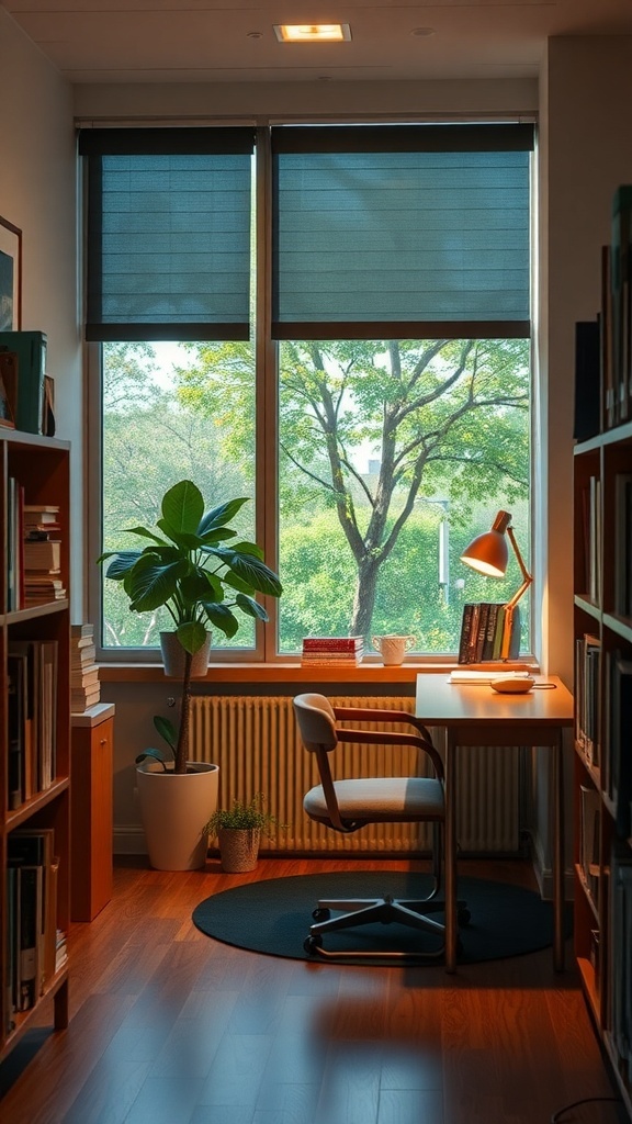 Cozy study nook in a dorm room with a desk, chair, and plants.