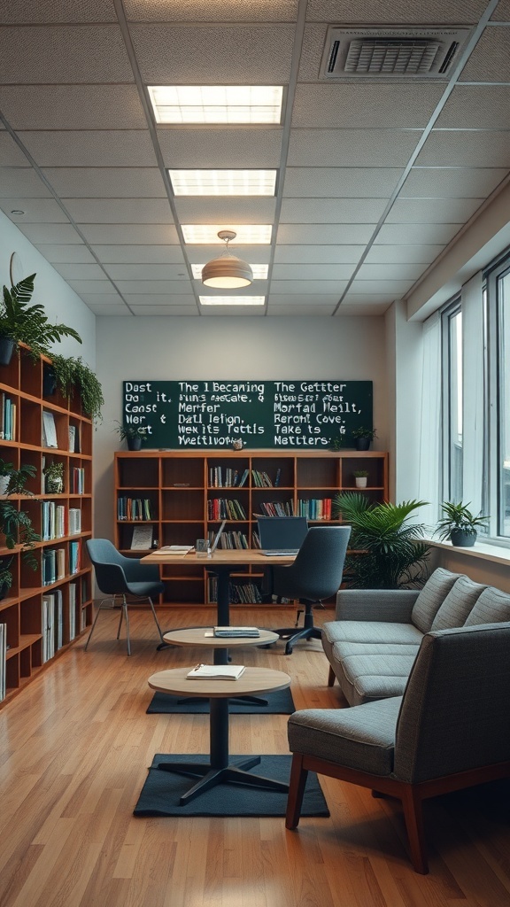 A cozy study area with smart lighting, plants, and comfortable seating.