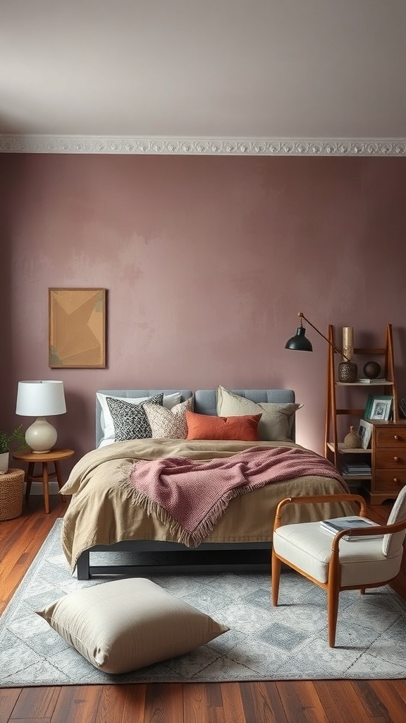 A bedroom featuring a dusted mauve accent wall, cozy bedding, and stylish decor.