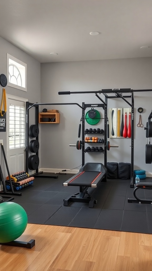 A well-organized home gym with various exercise equipment, including weights, a bench, and an exercise ball, designed for family use.