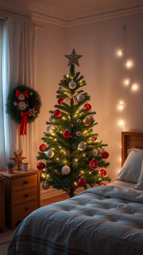 A cozy bedroom decorated for Christmas with a tree, wreath, and warm lights.