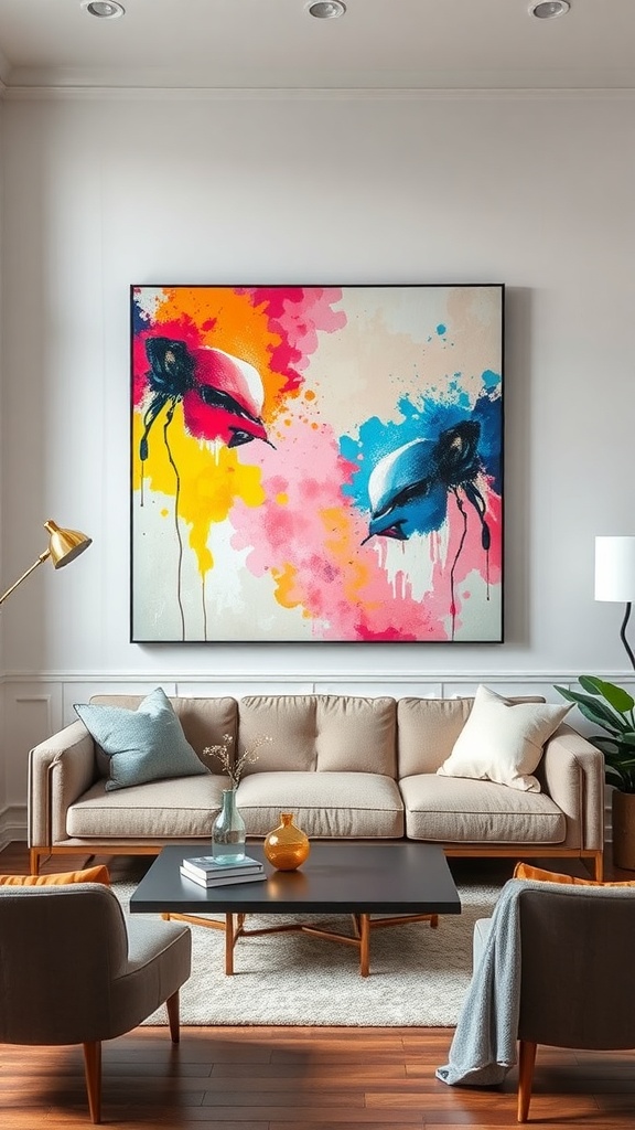A modern living room featuring a large colorful painting above a beige sofa, with stylish chairs and a coffee table.