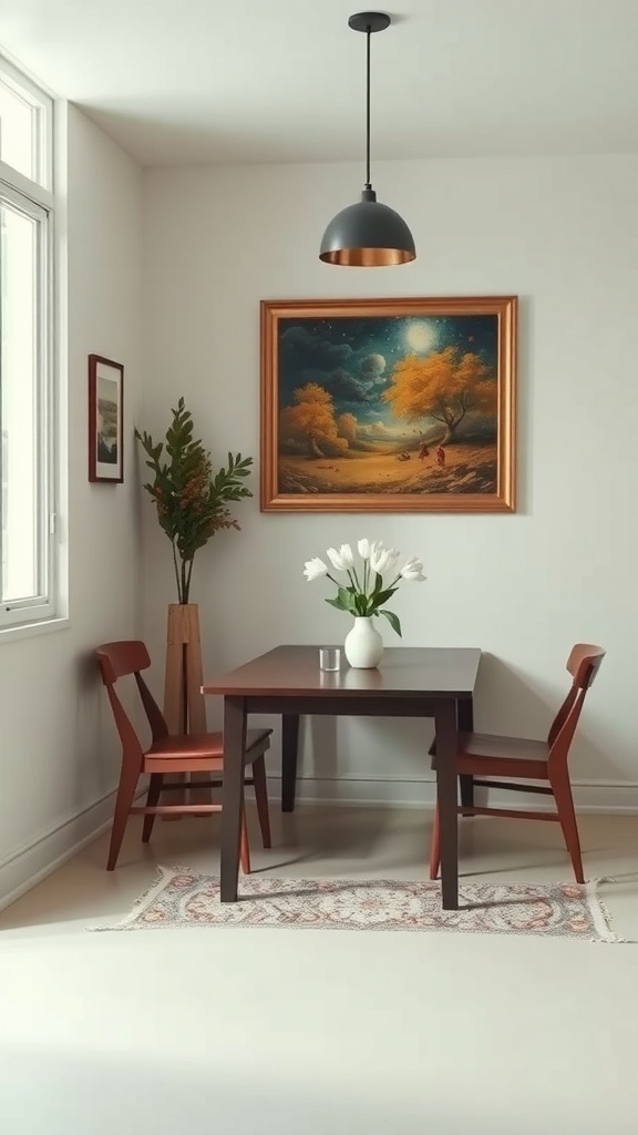 A small dining room featuring a painting, a table, and two chairs.