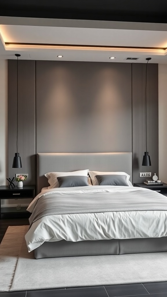 A modern bedroom featuring a sleek upholstered bed with a stylish headboard wall, complemented by soft lighting.