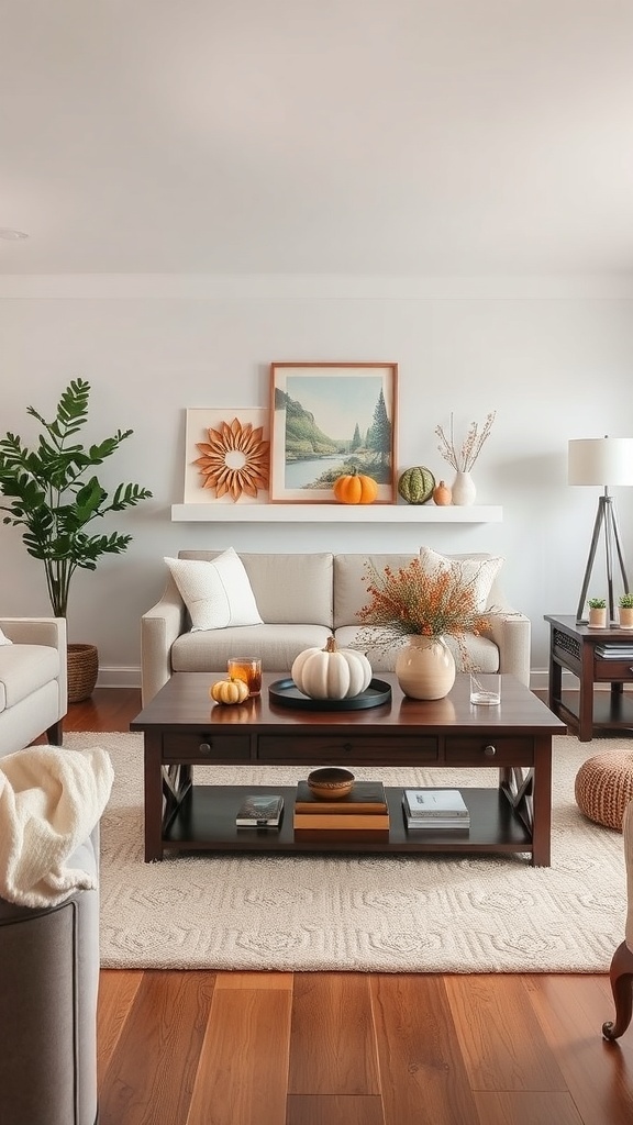 A cozy living room with a coffee table decorated for fall, featuring pumpkins and a vase.