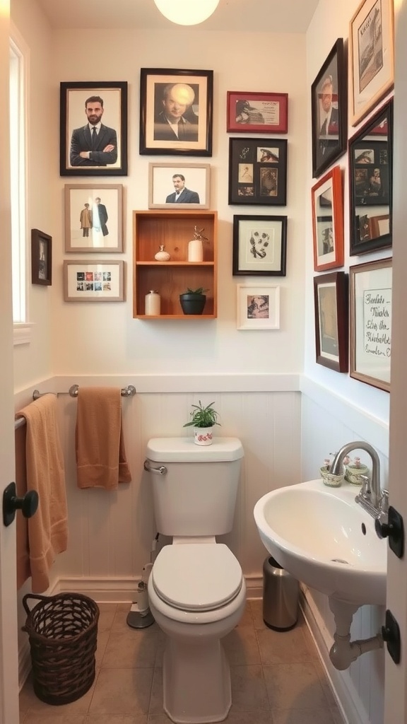 Gallery wall in a small bathroom featuring various framed artworks and a small shelf.