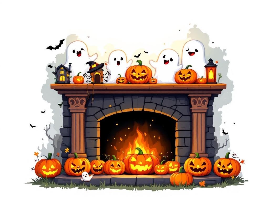 A colorful and playful Halloween fireplace mantel decorated with smiling pumpkins, friendly ghosts, and warm lighting.