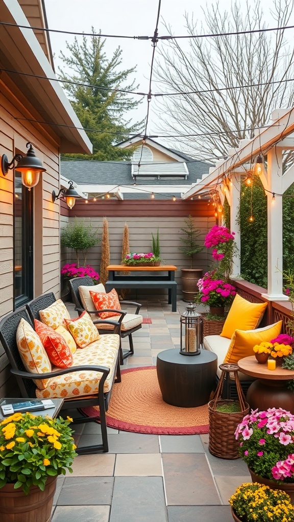 Cozy outdoor patio with colorful flowers, comfortable seating, and string lights.