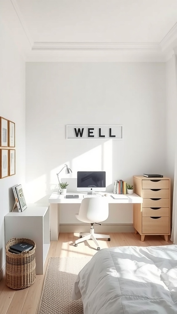 A minimalist workspace in a spare bedroom featuring a desk with a computer, a lamp, and plants, alongside a queen bed and storage.