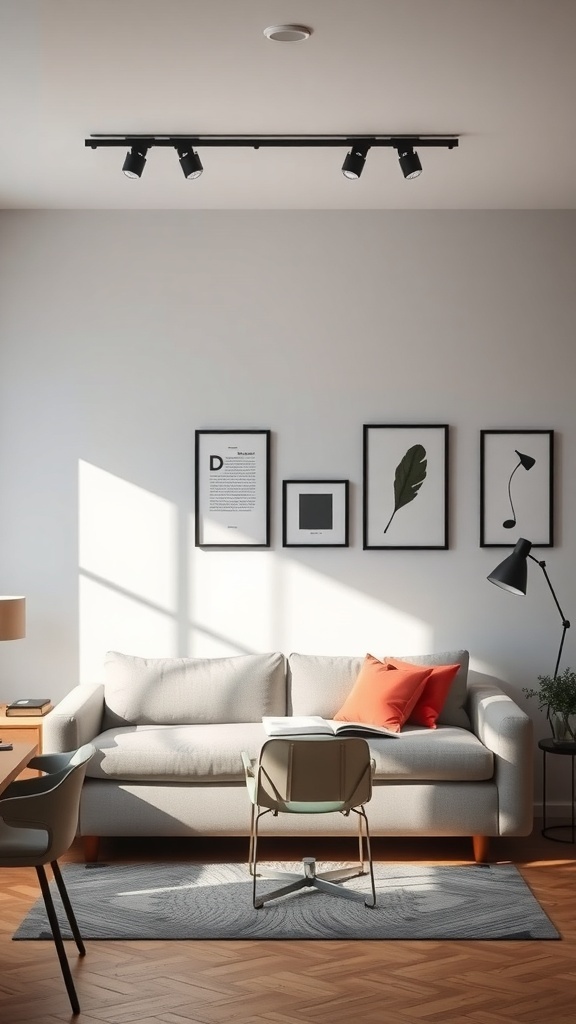 A modern home office featuring a click-clack sofa bed, stylish decor, and natural light.