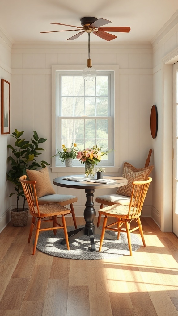Cozy breakfast nook with wooden furniture, textured seating, and pendant lighting.